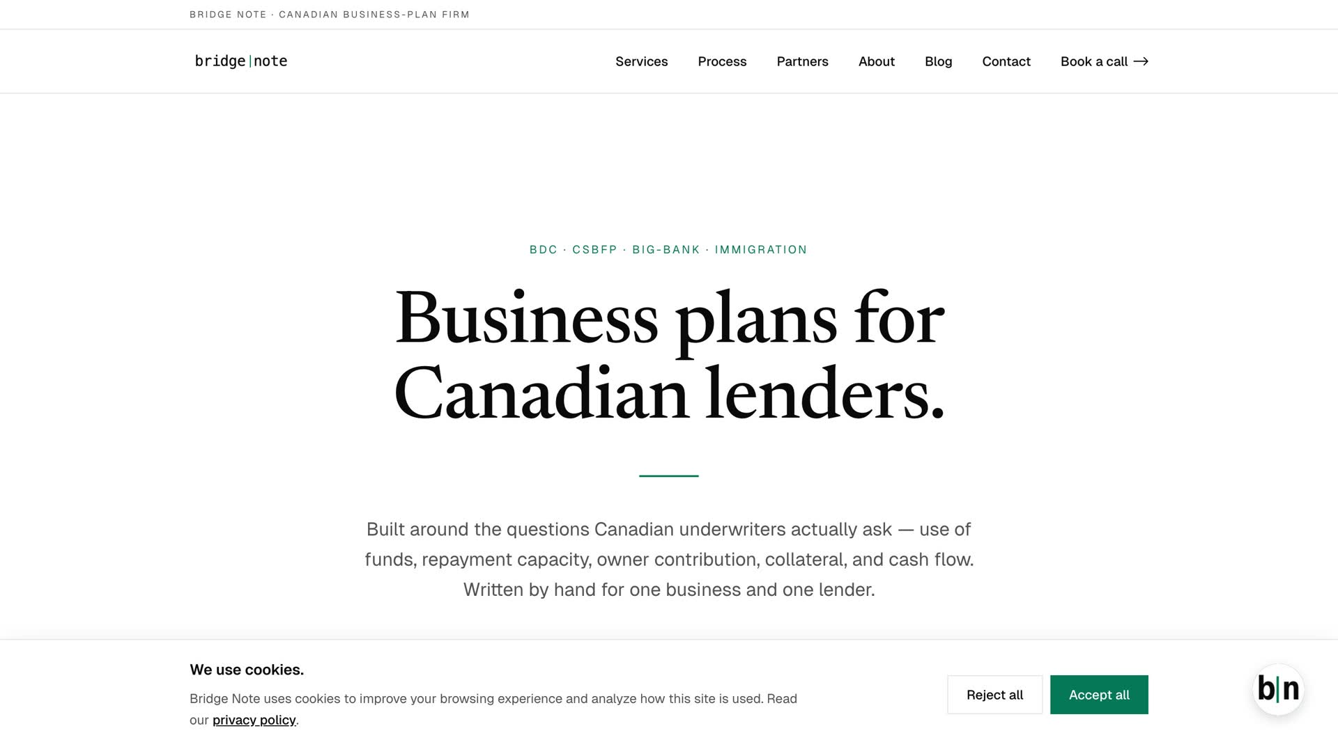 Bridge Note — Brand and launch for a Canadian business-plan firm serving BDC and bank loan applicants — identity, site, and intake, in seven days